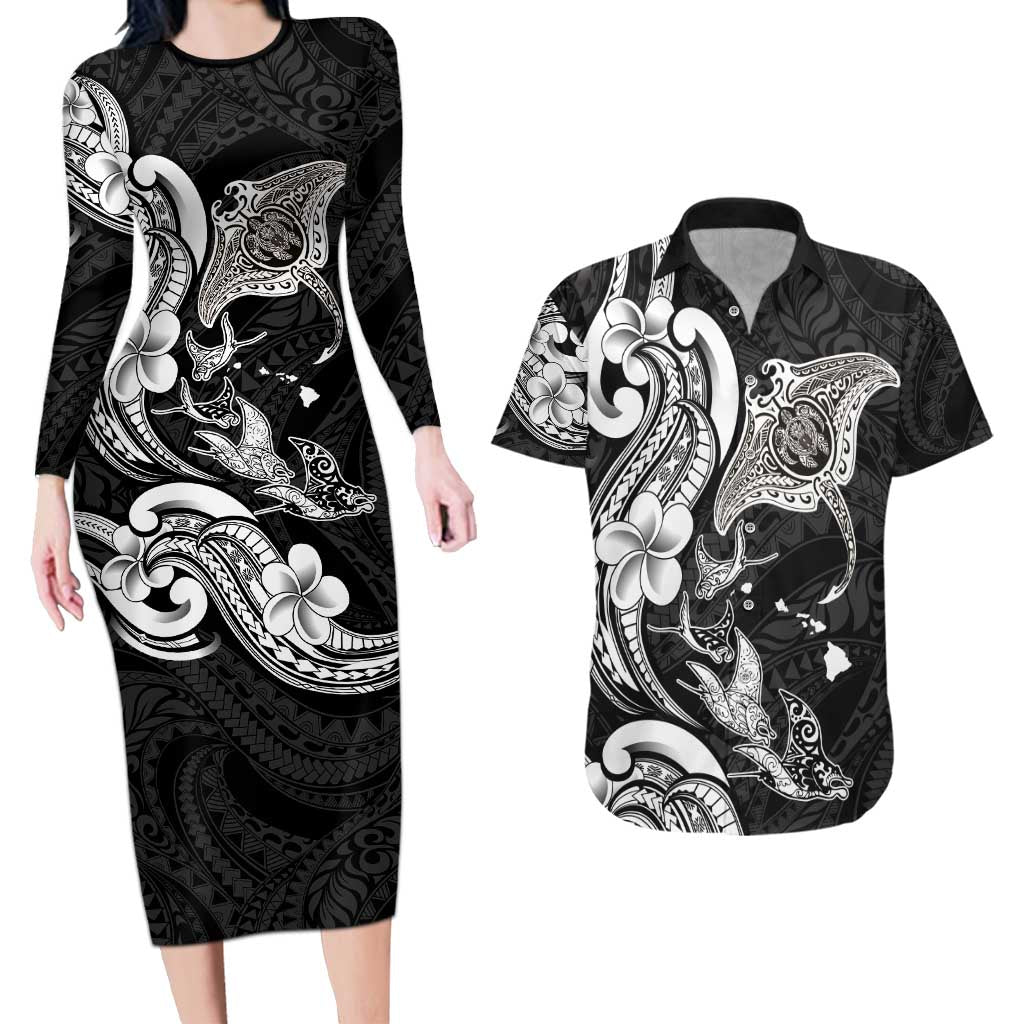 Hawaiian Manta Rays Couples Matching Long Sleeve Bodycon Dress and Hawaiian Shirt Tribal Hibiscus Polynesian Tattoos Black Color - Polynesian Pride