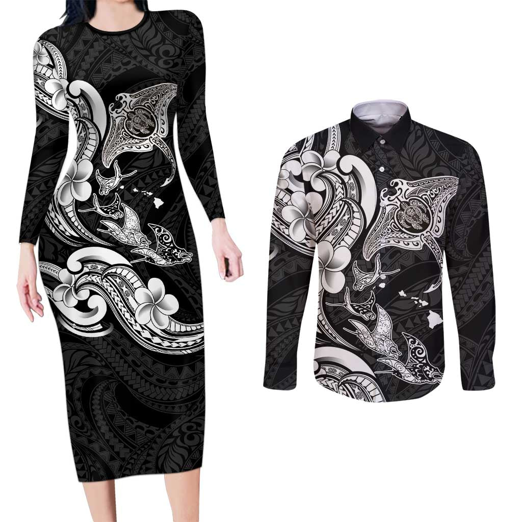 Hawaiian Manta Rays Couples Matching Long Sleeve Bodycon Dress and Long Sleeve Button Shirt Tribal Hibiscus Polynesian Tattoos Black Color - Polynesian Pride