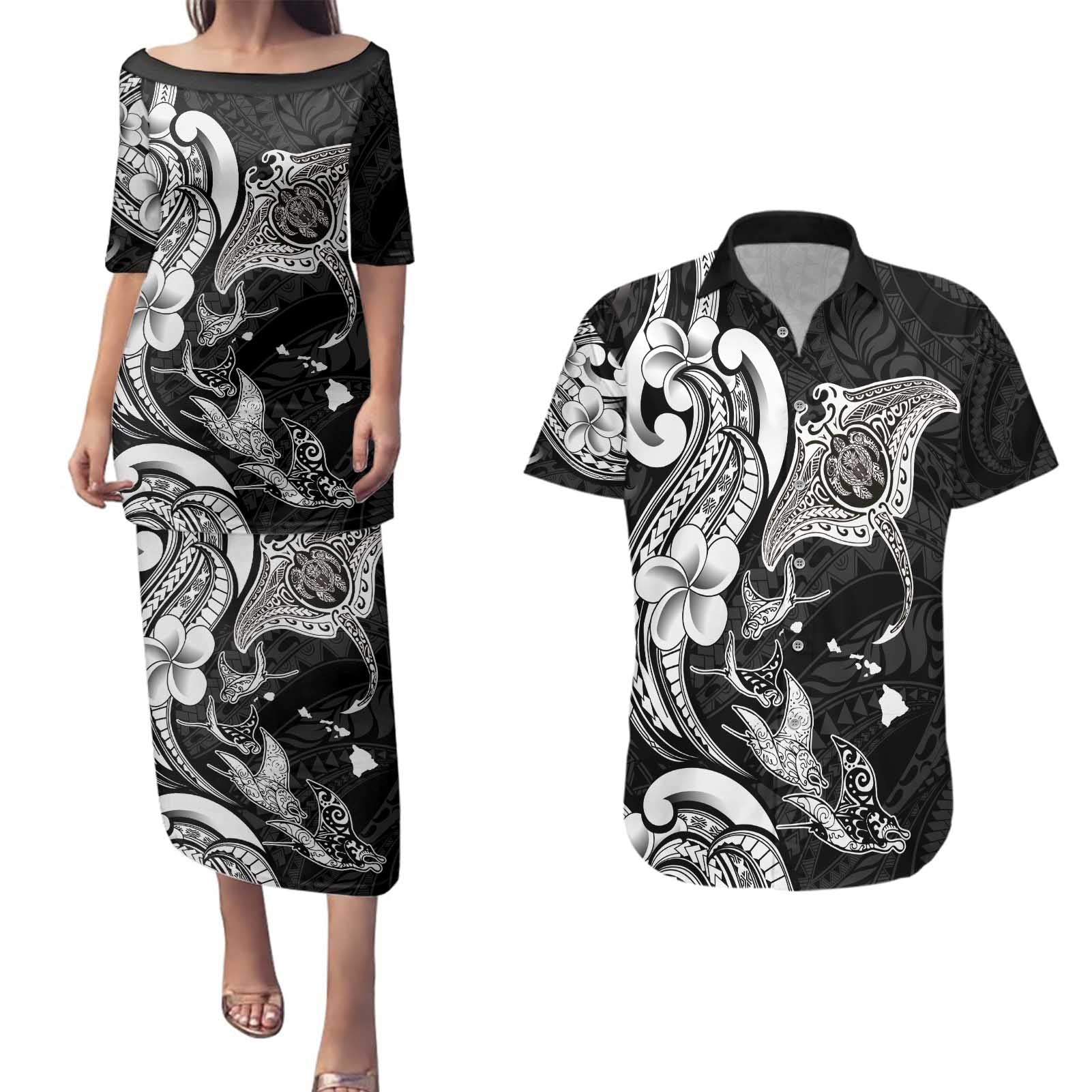 Hawaiian Manta Rays Couples Matching Puletasi and Hawaiian Shirt Tribal Hibiscus Polynesian Tattoos Black Color - Polynesian Pride