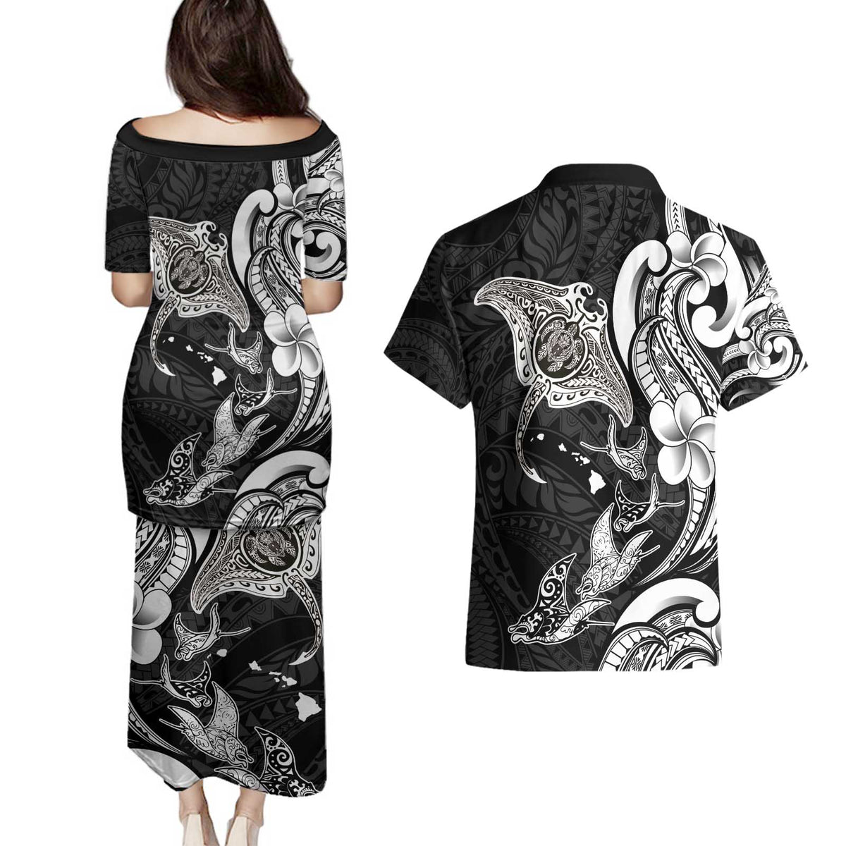 Hawaiian Manta Rays Couples Matching Puletasi and Hawaiian Shirt Tribal Hibiscus Polynesian Tattoos Black Color - Polynesian Pride