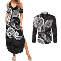 Hawaiian Manta Rays Couples Matching Summer Maxi Dress and Long Sleeve Button Shirt Tribal Hibiscus Polynesian Tattoos Black Color - Polynesian Pride