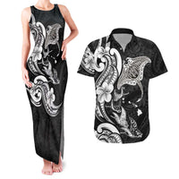 Hawaiian Manta Rays Couples Matching Tank Maxi Dress and Hawaiian Shirt Tribal Hibiscus Polynesian Tattoos Black Color - Polynesian Pride