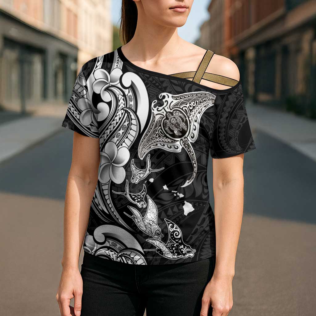 Hawaiian Manta Rays Cross Shoulder Shirt Tribal Hibiscus Polynesian Tattoos Black Color - Polynesian Pride