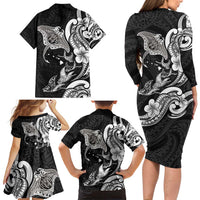 Hawaiian Manta Rays Family Matching Long Sleeve Bodycon Dress and Hawaiian Shirt Tribal Hibiscus Polynesian Tattoos Black Color - Polynesian Pride