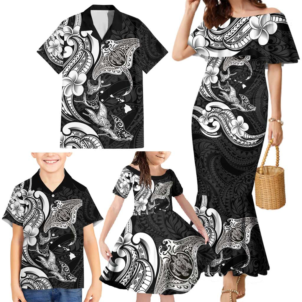 Hawaiian Manta Rays Family Matching Mermaid Dress and Hawaiian Shirt Tribal Hibiscus Polynesian Tattoos Black Color - Polynesian Pride
