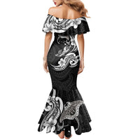 Hawaiian Manta Rays Family Matching Mermaid Dress and Hawaiian Shirt Tribal Hibiscus Polynesian Tattoos Black Color - Polynesian Pride