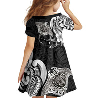 Hawaiian Manta Rays Family Matching Off The Shoulder Long Sleeve Dress and Hawaiian Shirt Tribal Hibiscus Polynesian Tattoos Black Color - Polynesian Pride