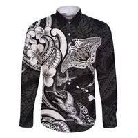 Hawaiian Manta Rays Family Matching Off The Shoulder Long Sleeve Dress and Hawaiian Shirt Tribal Hibiscus Polynesian Tattoos Black Color - Polynesian Pride