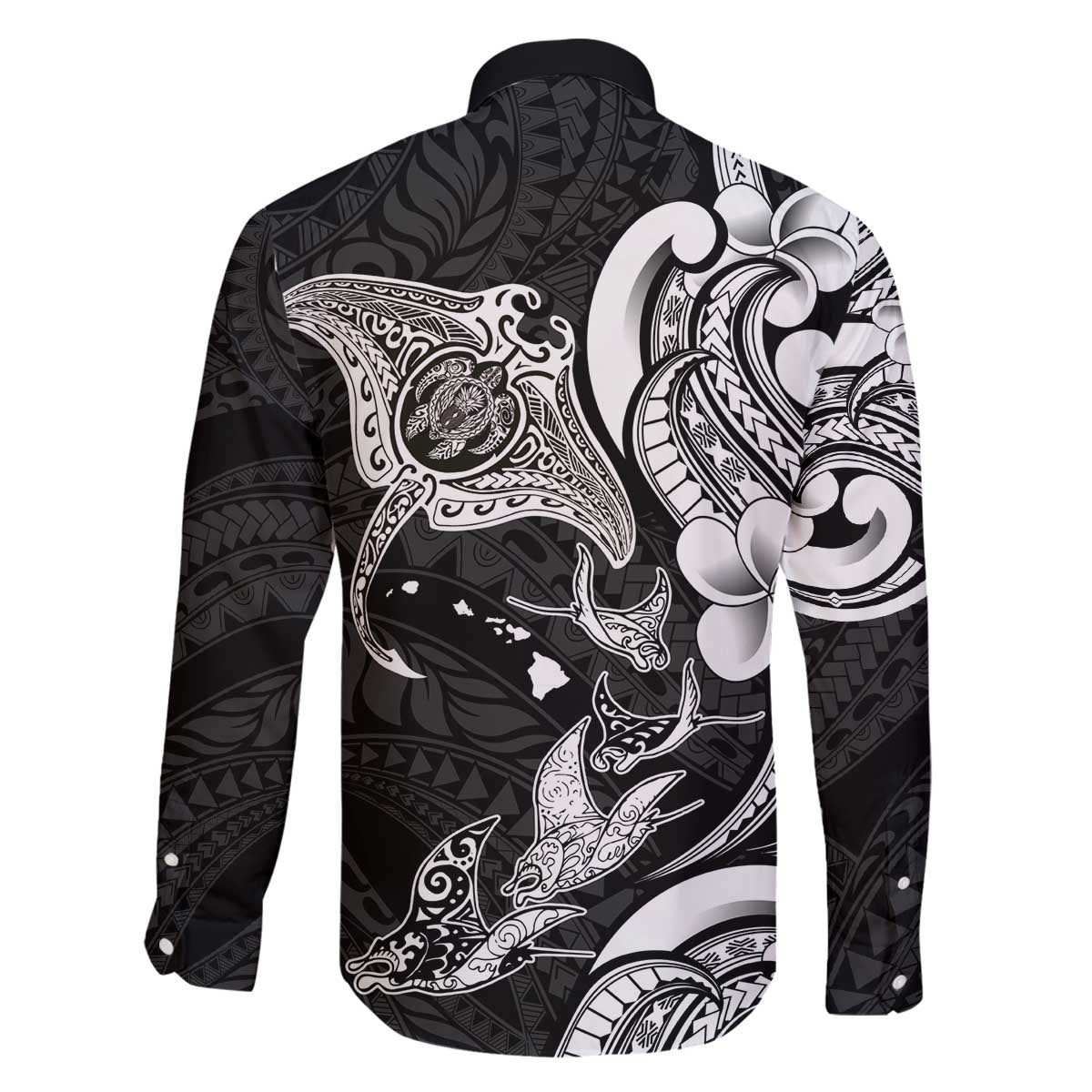 Hawaiian Manta Rays Family Matching Off The Shoulder Long Sleeve Dress and Hawaiian Shirt Tribal Hibiscus Polynesian Tattoos Black Color - Polynesian Pride