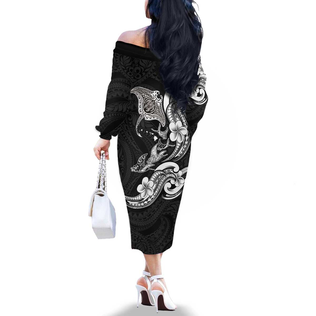 Hawaiian Manta Rays Family Matching Off The Shoulder Long Sleeve Dress and Hawaiian Shirt Tribal Hibiscus Polynesian Tattoos Black Color - Polynesian Pride