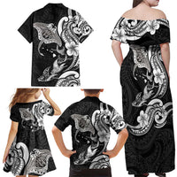 Hawaiian Manta Rays Family Matching Off Shoulder Maxi Dress and Hawaiian Shirt Tribal Hibiscus Polynesian Tattoos Black Color - Polynesian Pride