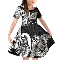 Hawaiian Manta Rays Family Matching Off Shoulder Short Dress and Hawaiian Shirt Tribal Hibiscus Polynesian Tattoos Black Color - Polynesian Pride