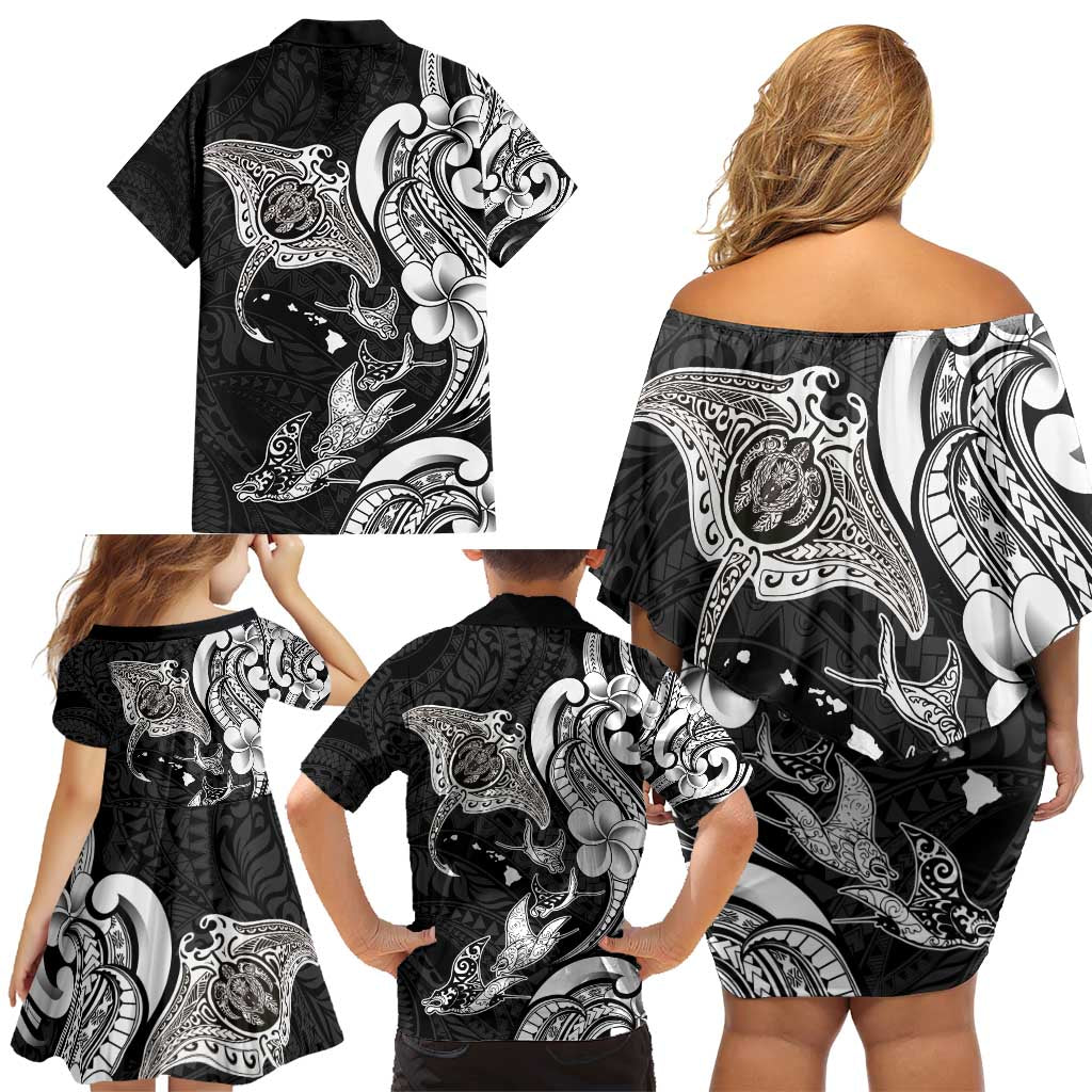 Hawaiian Manta Rays Family Matching Off Shoulder Short Dress and Hawaiian Shirt Tribal Hibiscus Polynesian Tattoos Black Color - Polynesian Pride