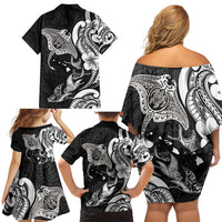 Hawaiian Manta Rays Family Matching Off Shoulder Short Dress and Hawaiian Shirt Tribal Hibiscus Polynesian Tattoos Black Color - Polynesian Pride