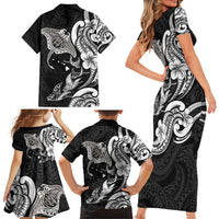 Hawaiian Manta Rays Family Matching Short Sleeve Bodycon Dress and Hawaiian Shirt Tribal Hibiscus Polynesian Tattoos Black Color - Polynesian Pride