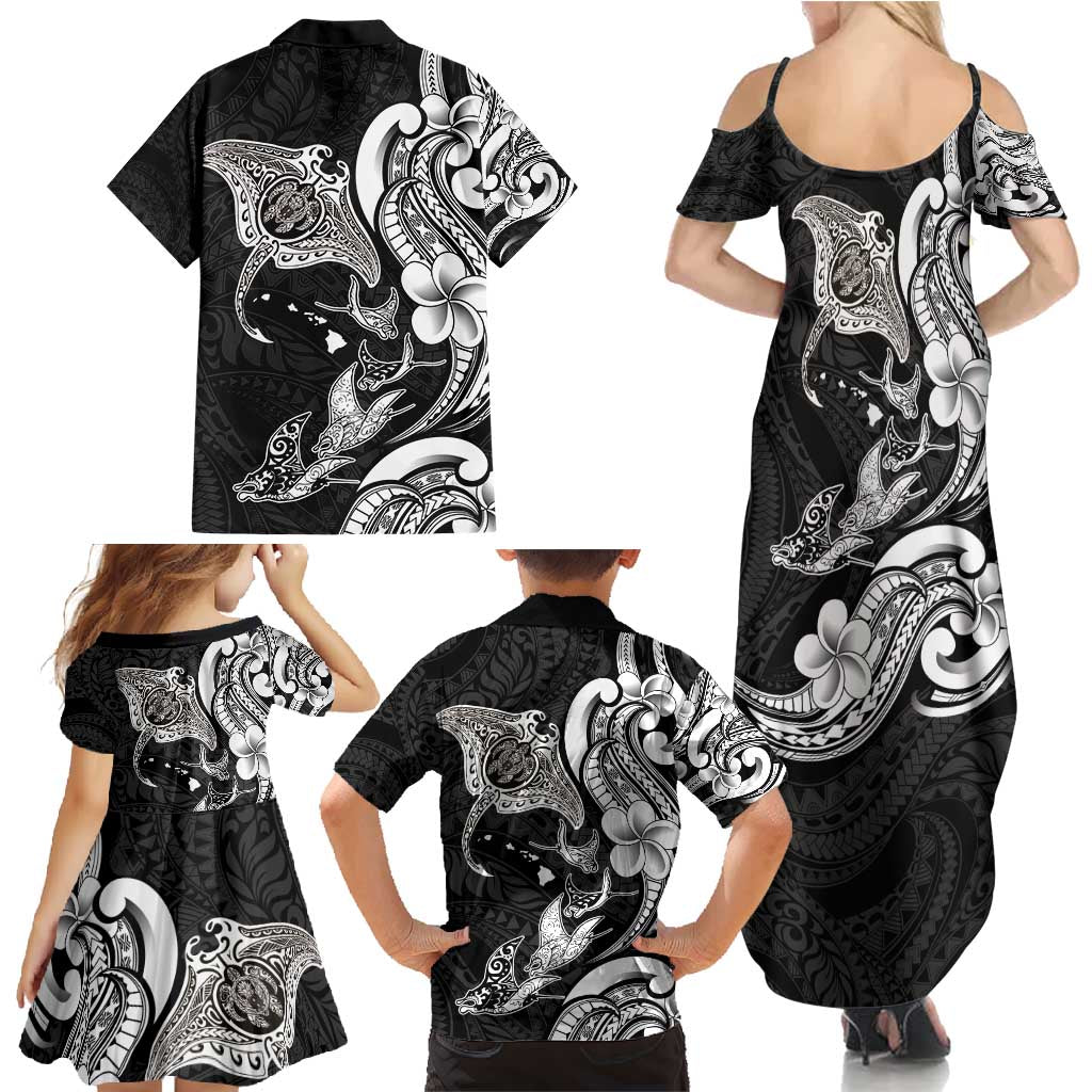 Hawaiian Manta Rays Family Matching Summer Maxi Dress and Hawaiian Shirt Tribal Hibiscus Polynesian Tattoos Black Color - Polynesian Pride