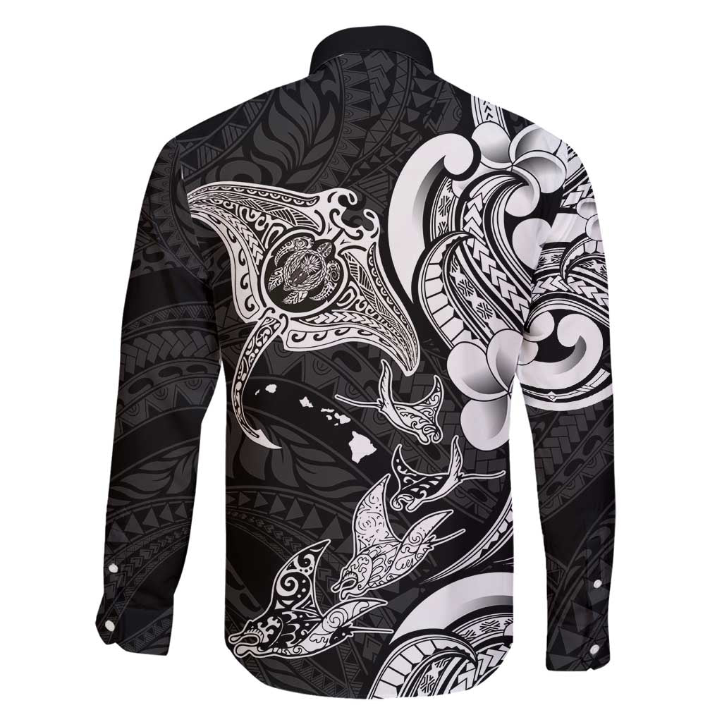 Hawaiian Manta Rays Family Matching Summer Maxi Dress and Hawaiian Shirt Tribal Hibiscus Polynesian Tattoos Black Color - Polynesian Pride