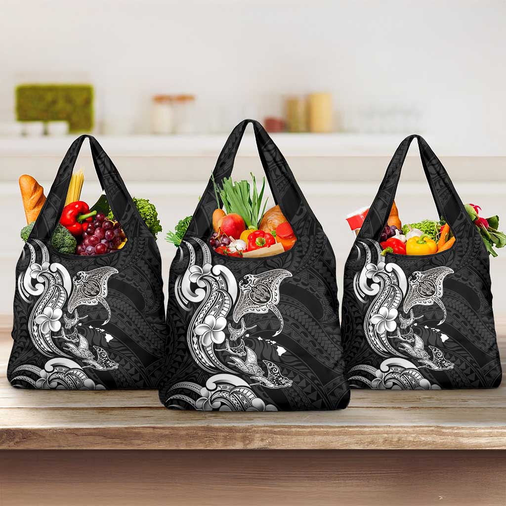 Hawaiian Manta Rays Grocery Bag Tribal Hibiscus Polynesian Tattoos Black Color - Polynesian Pride