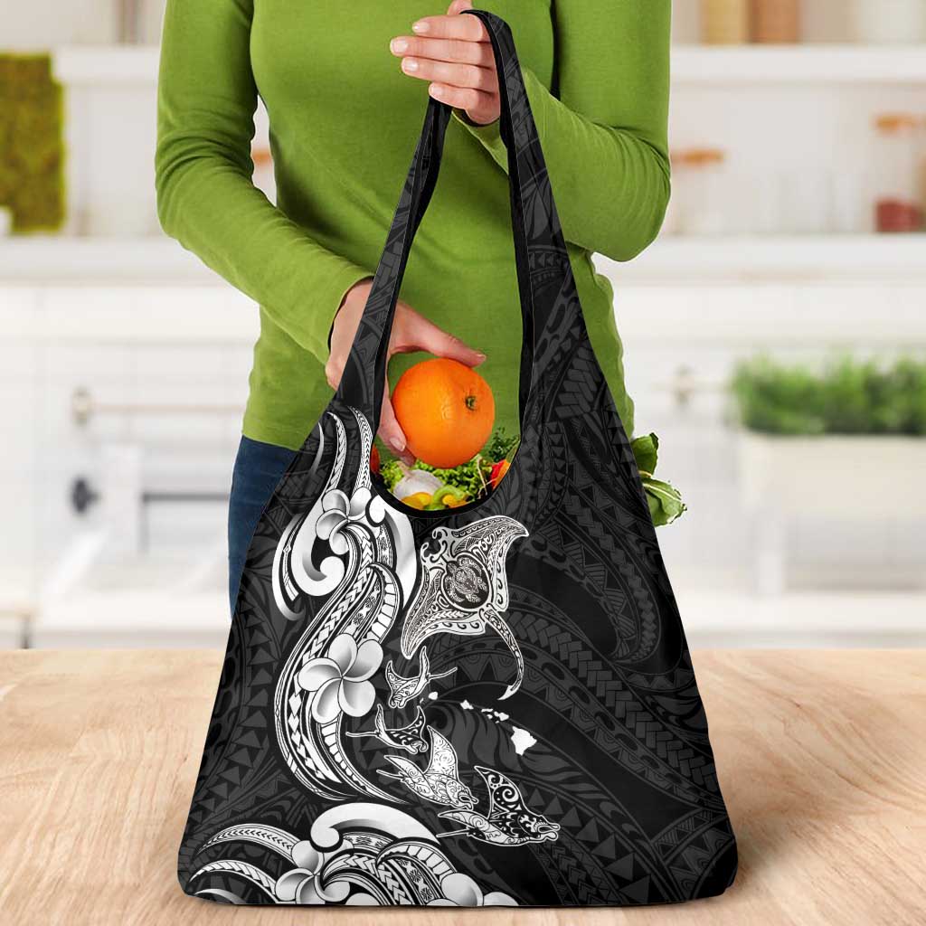 Hawaiian Manta Rays Grocery Bag Tribal Hibiscus Polynesian Tattoos Black Color - Polynesian Pride