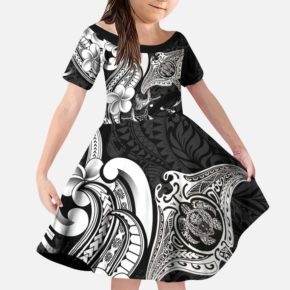 Hawaiian Manta Rays Kid Short Sleeve Dress Tribal Hibiscus Polynesian Tattoos Black Color - Polynesian Pride