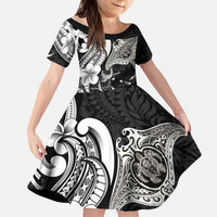 Hawaiian Manta Rays Kid Short Sleeve Dress Tribal Hibiscus Polynesian Tattoos Black Color - Polynesian Pride