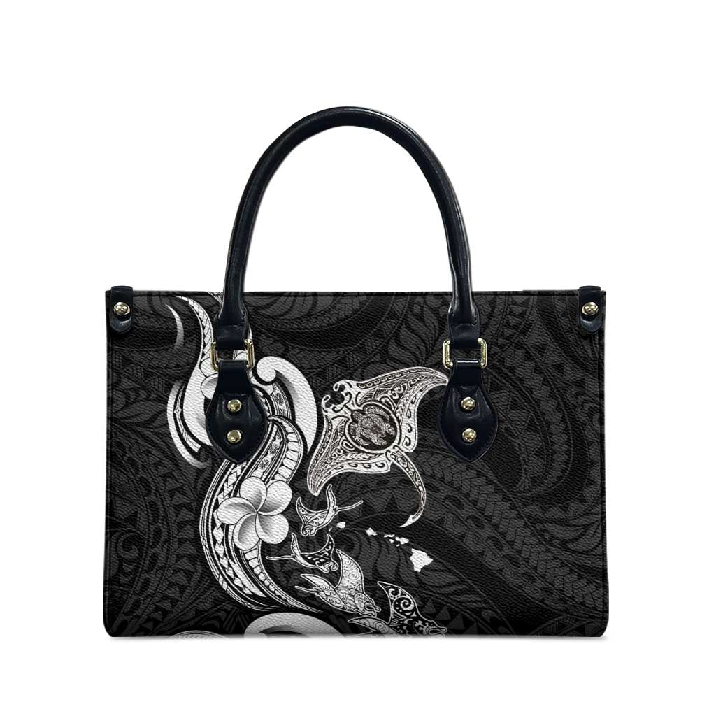 Hawaiian Manta Rays Leather Bag Tribal Hibiscus Polynesian Tattoos Black Color - Polynesian Pride