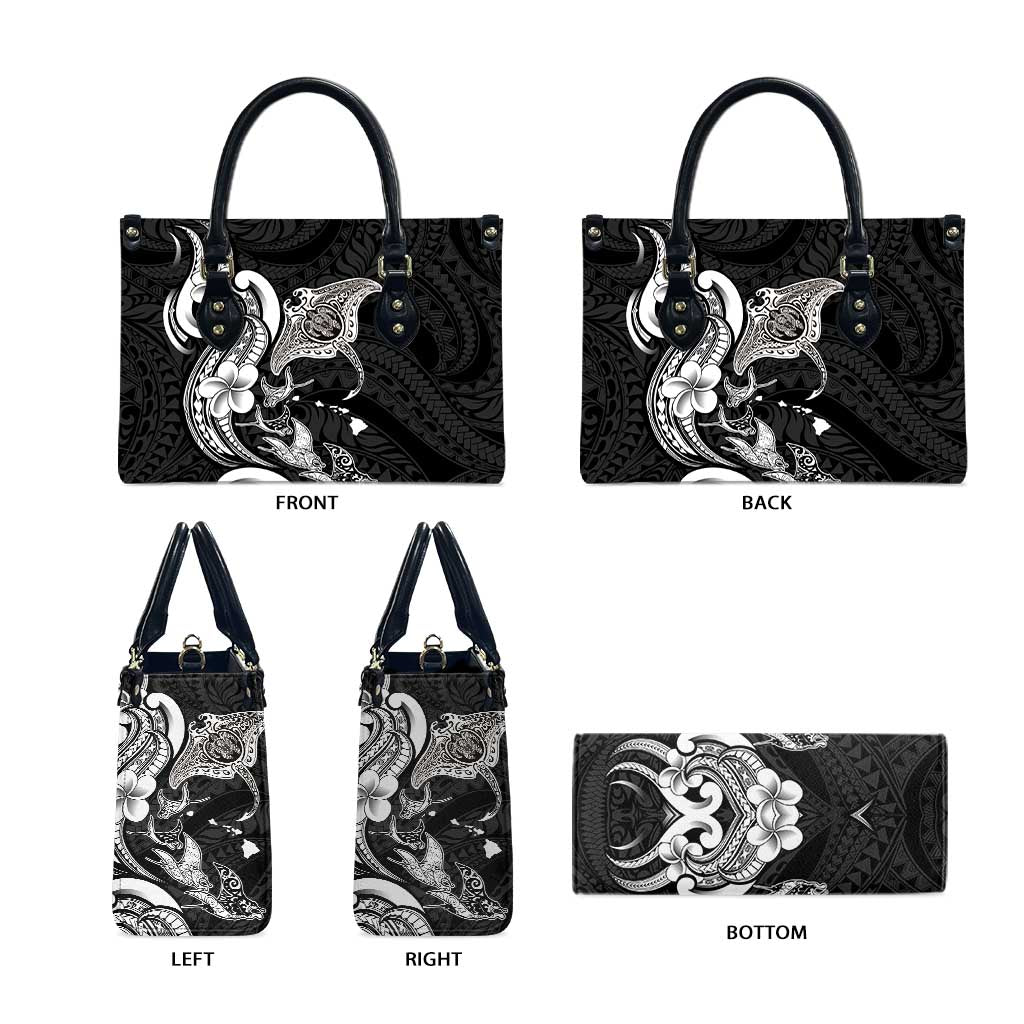 Hawaiian Manta Rays Leather Bag Tribal Hibiscus Polynesian Tattoos Black Color - Polynesian Pride