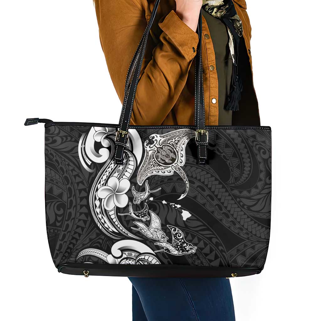 Hawaiian Manta Rays Leather Tote Bag Tribal Hibiscus Polynesian Tattoos Black Color - Polynesian Pride