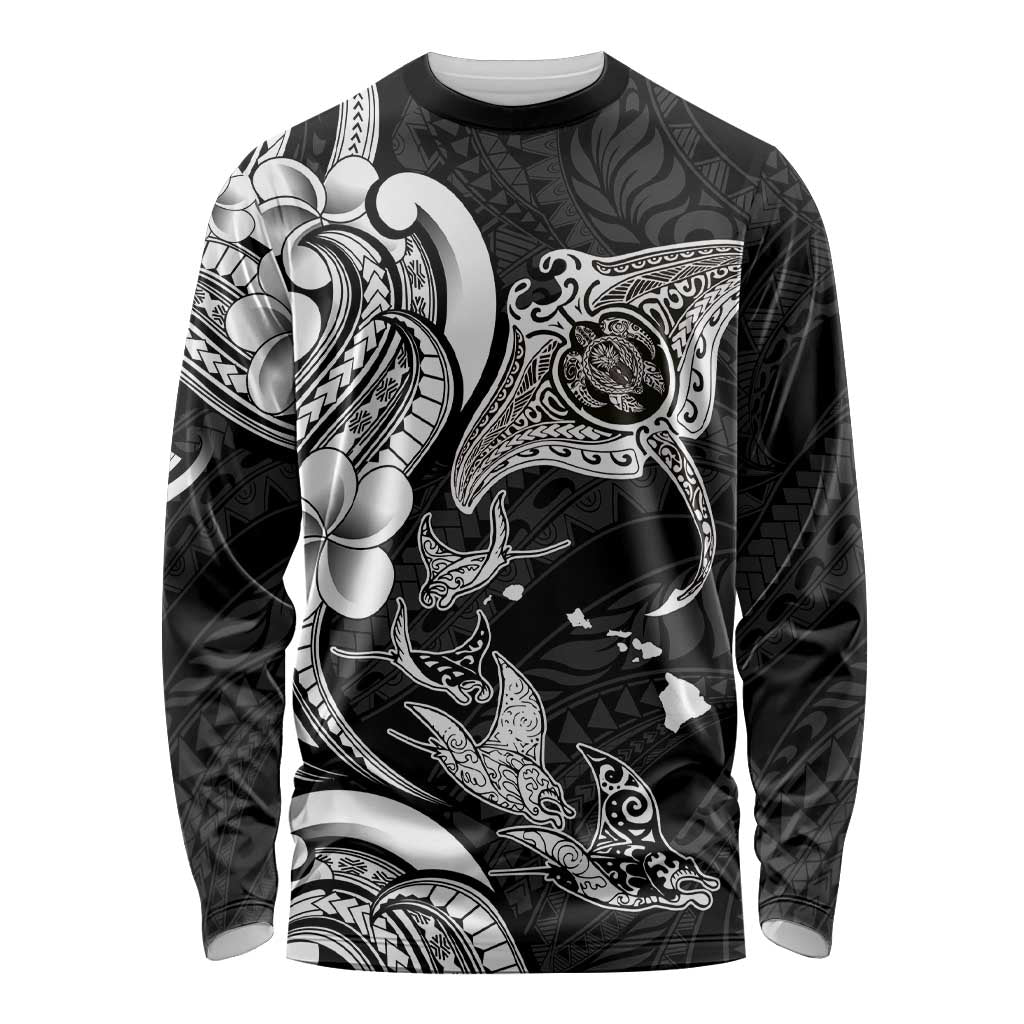 Hawaiian Manta Rays Long Sleeve Shirt Tribal Hibiscus Polynesian Tattoos Black Color - Polynesian Pride