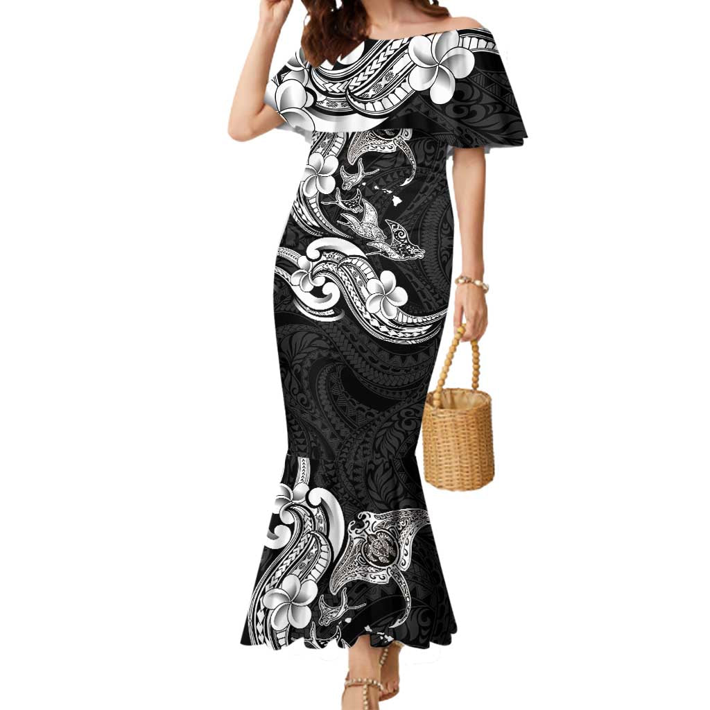 Hawaiian Manta Rays Mermaid Dress Tribal Hibiscus Polynesian Tattoos Black Color - Polynesian Pride