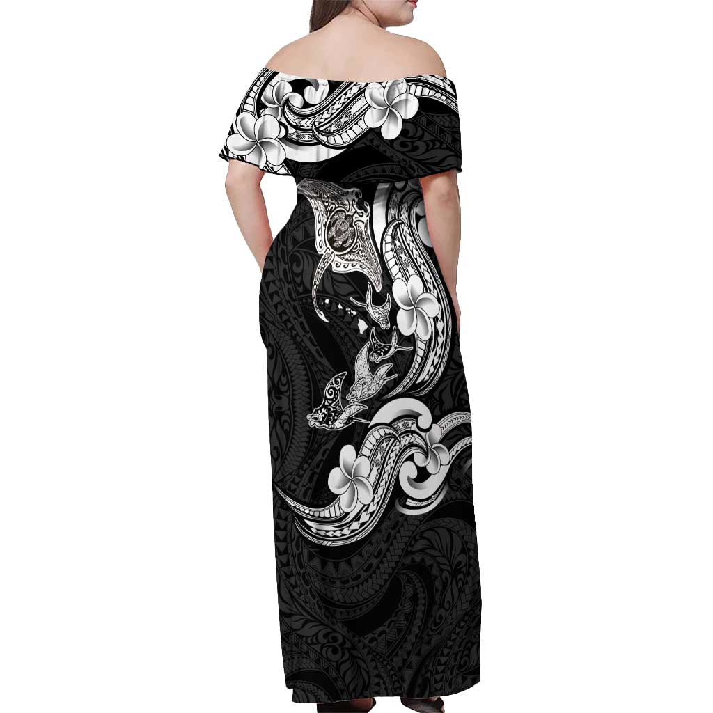 Hawaiian Manta Rays Off Shoulder Maxi Dress Tribal Hibiscus Polynesian Tattoos Black Color - Polynesian Pride