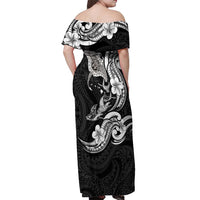 Hawaiian Manta Rays Off Shoulder Maxi Dress Tribal Hibiscus Polynesian Tattoos Black Color - Polynesian Pride