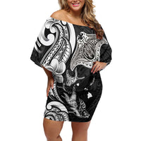 Hawaiian Manta Rays Off Shoulder Short Dress Tribal Hibiscus Polynesian Tattoos Black Color LT03 Women Black - Polynesian Pride