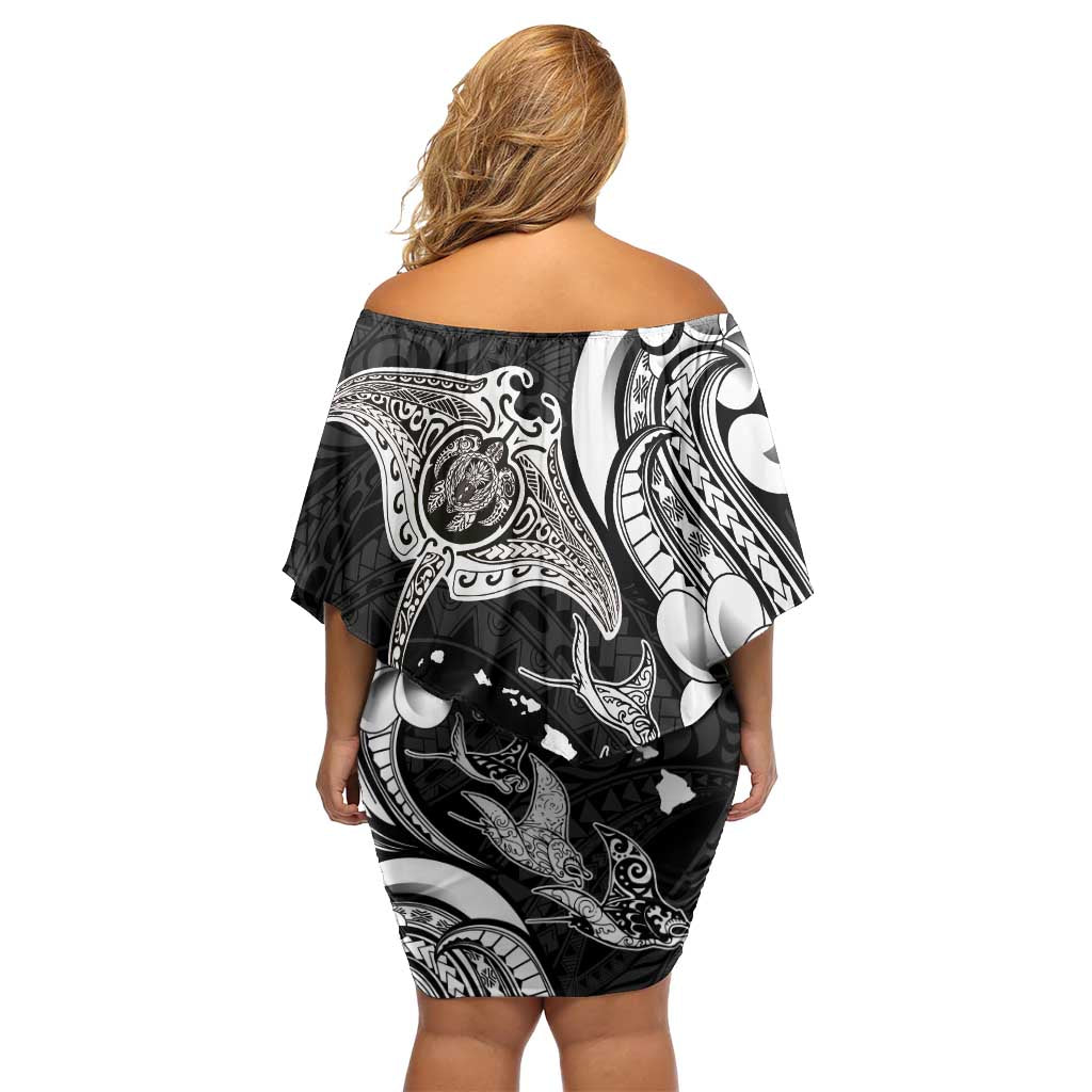 Hawaiian Manta Rays Off Shoulder Short Dress Tribal Hibiscus Polynesian Tattoos Black Color LT03 - Polynesian Pride