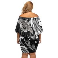 Hawaiian Manta Rays Off Shoulder Short Dress Tribal Hibiscus Polynesian Tattoos Black Color LT03 - Polynesian Pride