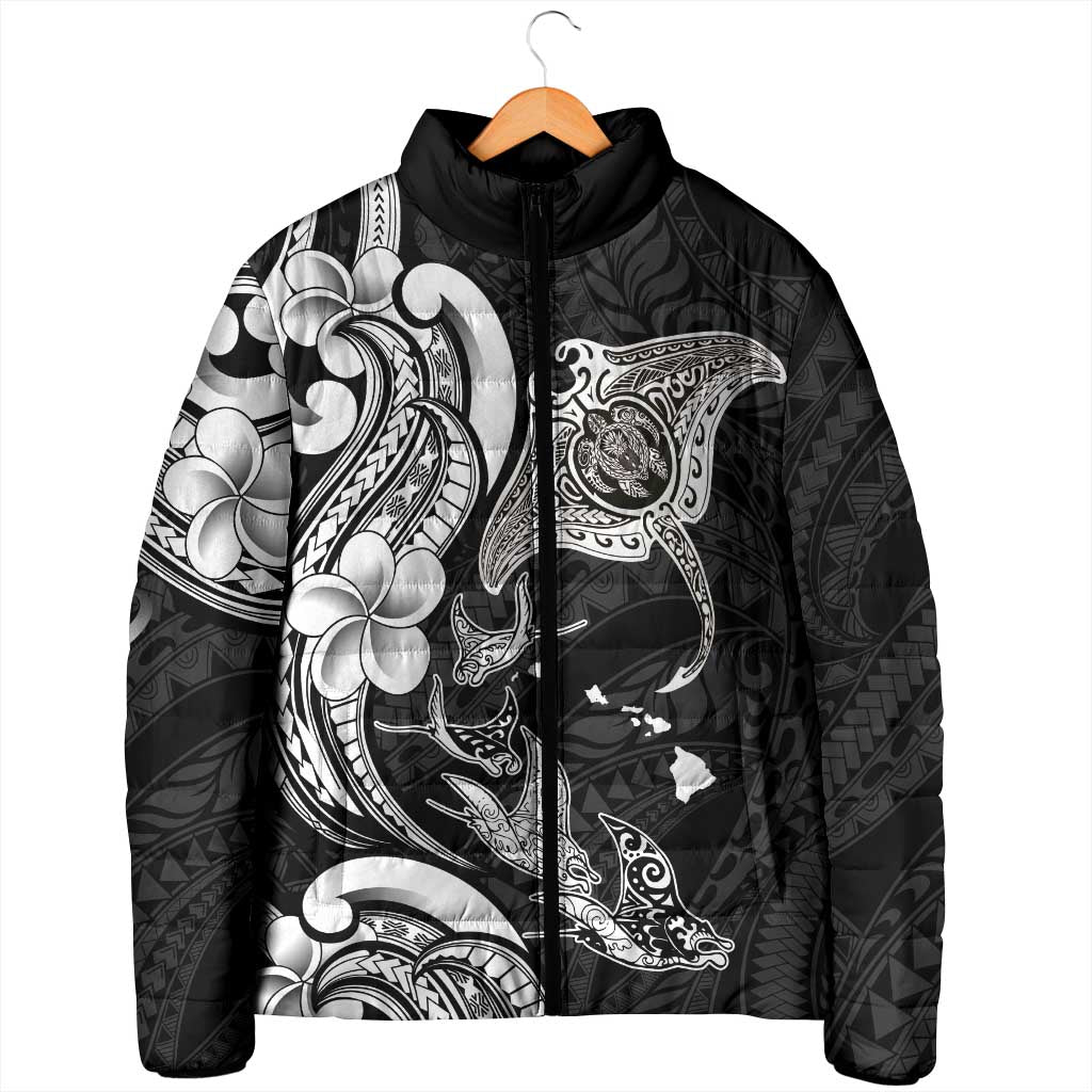 Hawaiian Manta Rays Padded Jacket Tribal Hibiscus Polynesian Tattoos Black Color - Polynesian Pride