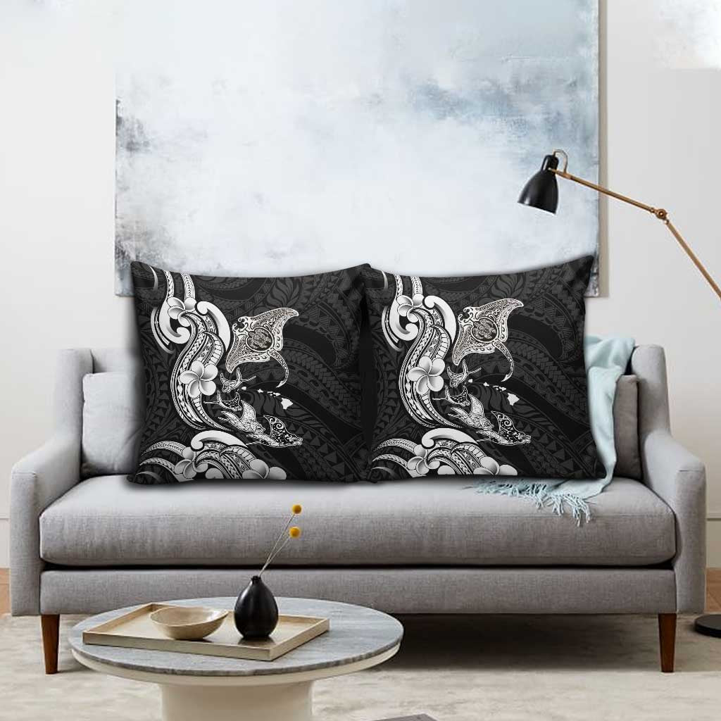 Hawaiian Manta Rays Pillow Cover Tribal Hibiscus Polynesian Tattoos Black Color - Polynesian Pride