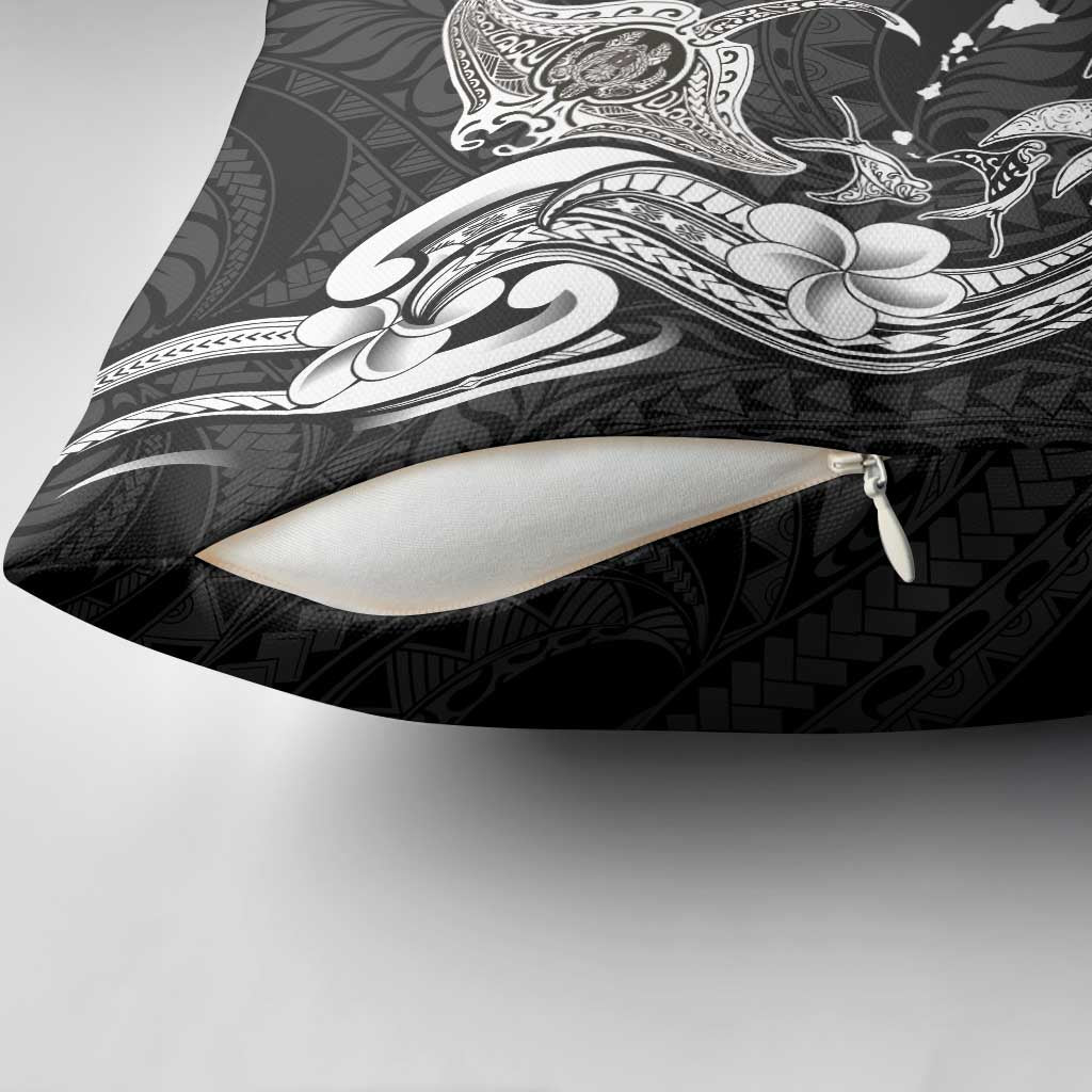 Hawaiian Manta Rays Pillow Cover Tribal Hibiscus Polynesian Tattoos Black Color - Polynesian Pride