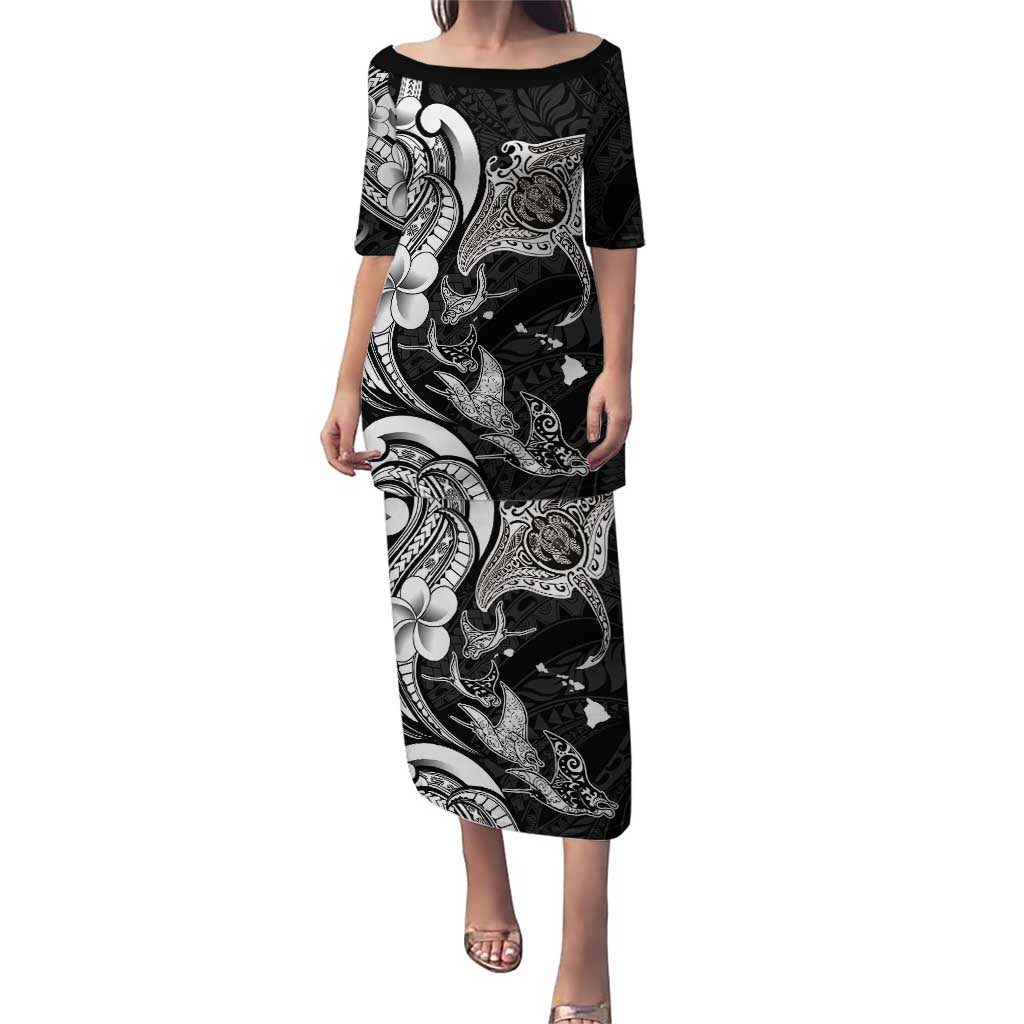 Hawaiian Manta Rays Puletasi Tribal Hibiscus Polynesian Tattoos Black Color - Polynesian Pride