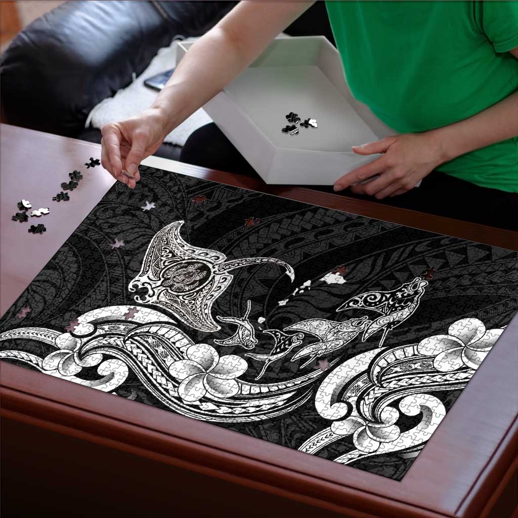 Hawaiian Manta Rays Puzzle Tribal Hibiscus Polynesian Tattoos Black Color - Polynesian Pride