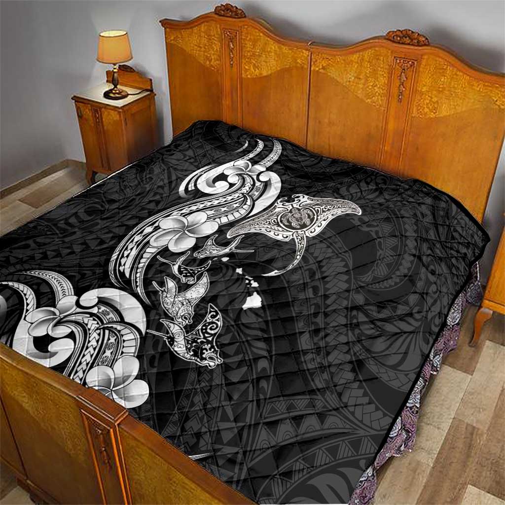 Hawaiian Manta Rays Quilt Tribal Hibiscus Polynesian Tattoos Black Color - Polynesian Pride