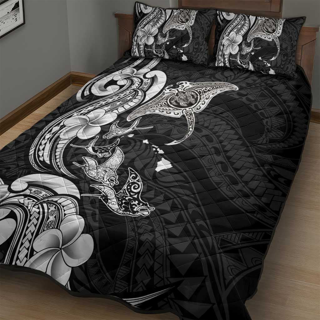 Hawaiian Manta Rays Quilt Bed Set Tribal Hibiscus Polynesian Tattoos Black Color - Polynesian Pride