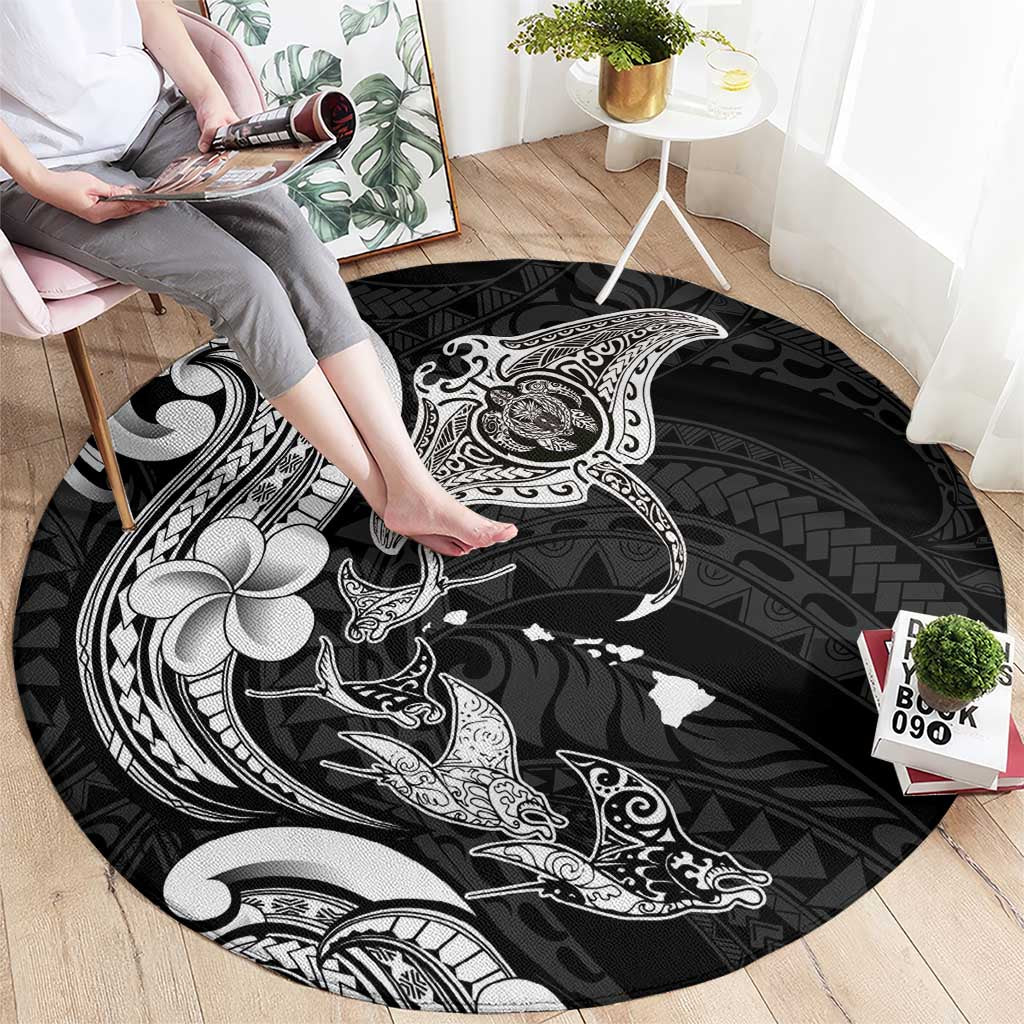 Hawaiian Manta Rays Round Carpet Tribal Hibiscus Polynesian Tattoos Black Color - Polynesian Pride