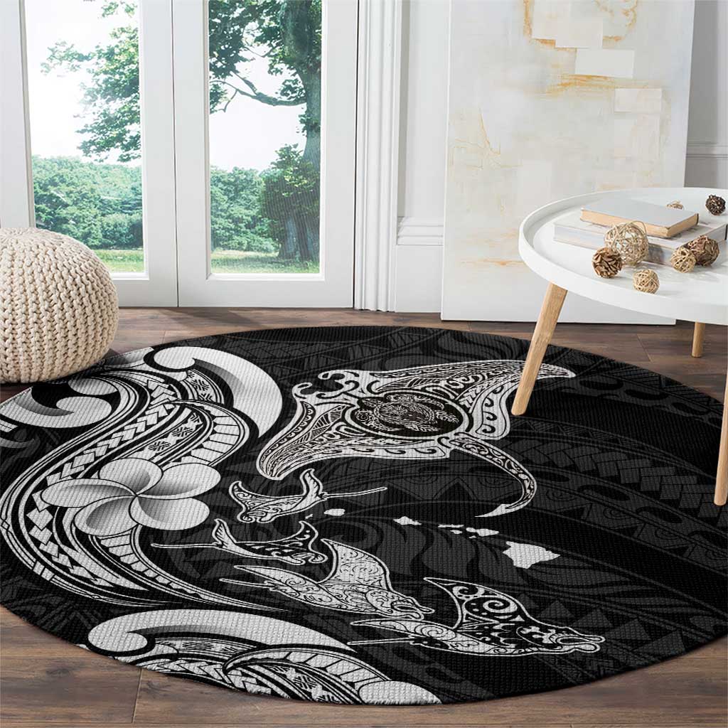 Hawaiian Manta Rays Round Carpet Tribal Hibiscus Polynesian Tattoos Black Color - Polynesian Pride