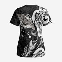 Hawaiian Manta Rays Scrub Top Tribal Hibiscus Polynesian Tattoos Black Color - Polynesian Pride