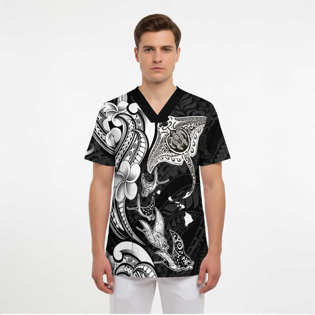 Hawaiian Manta Rays Scrub Top Tribal Hibiscus Polynesian Tattoos Black Color - Polynesian Pride
