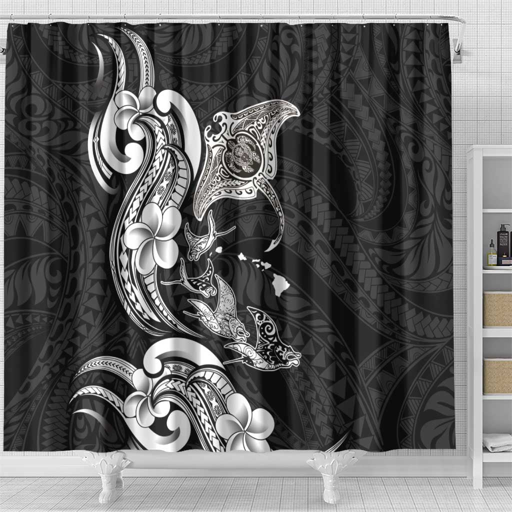 Hawaiian Manta Rays Shower Curtain Tribal Hibiscus Polynesian Tattoos Black Color - Polynesian Pride