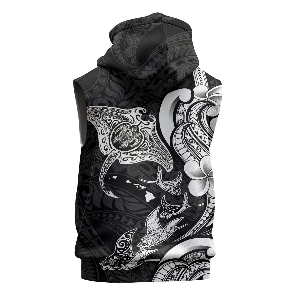 Hawaiian Manta Rays Sleeveless Hoodie Tribal Hibiscus Polynesian Tattoos Black Color - Polynesian Pride