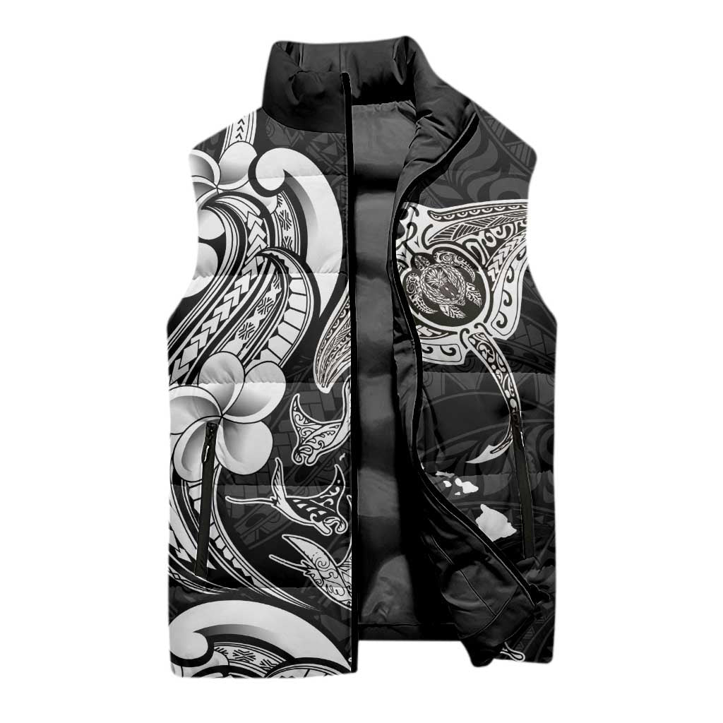 Hawaiian Manta Rays Sleeveless Puffer Jacket Tribal Hibiscus Polynesian Tattoos Black Color - Polynesian Pride