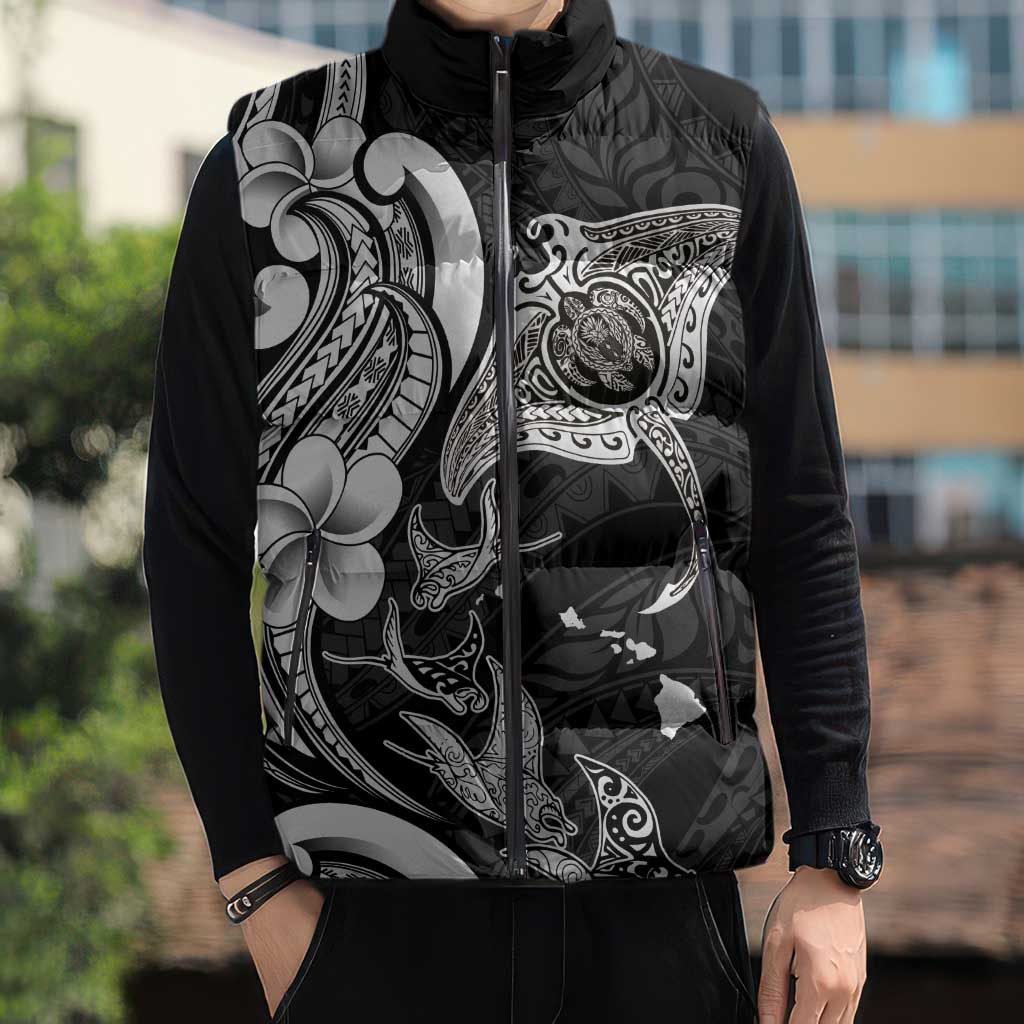Hawaiian Manta Rays Sleeveless Puffer Jacket Tribal Hibiscus Polynesian Tattoos Black Color - Polynesian Pride